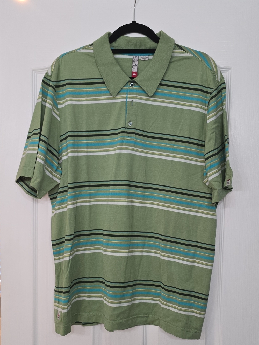 Quiksilver Light Green Striped Polo with Teal and White Accents